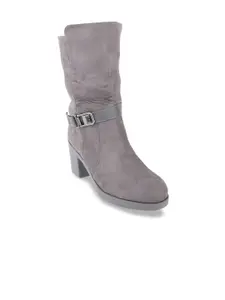 SHUZ TOUCH SHUZ TOUCH Grey PU Block Heeled Mid-Top Boots with Buckles