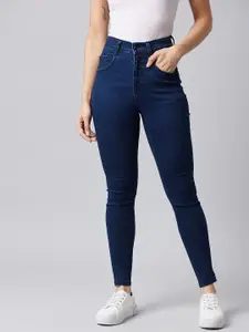 DOLCE CRUDO Women Navy Blue Skinny Fit High-Rise Slash Knee Jeans