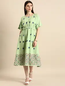 Anouk Women Green & Blue Printed Ethnic Midi A-Line Dress