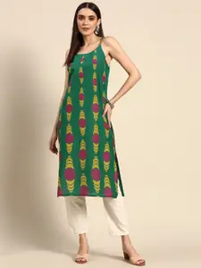 Anouk Women Green & Yellow Printed Pure Cotton Kurta