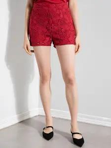 ZALORA OCCASION Women Red Floral Crochet Lace High-Rise Shorts