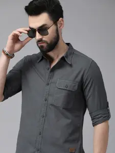 The Roadster Lifestyle Co. Men Charcoal Solid Pure Cotton Casual Shirt