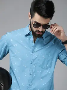 The Roadster Lifestyle Co. Men Blue Printed Slim Fit Pure Cotton Sustainable Casual Shirt