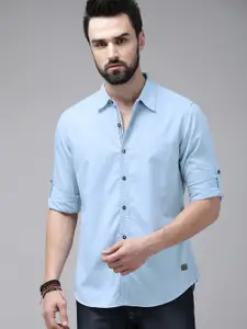 The Roadster Life Co. Men Light Blue Solid Pure Cotton Casual Shirt