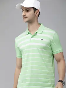 Arrow Sport Men Sea Green & White Striped Polo Collar T-shirt