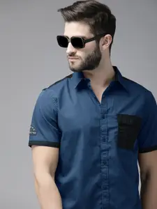 Roadster Men Navy Blue Solid Cotton Casual Shirt