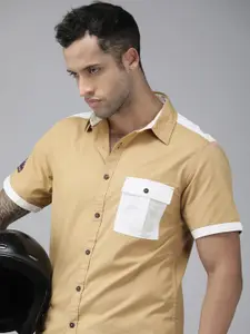 Roadster Men Brown & White Colourblocked Pure Cotton Casual Shirt