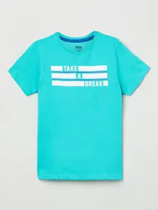 max Boys Green Typography Printed Pure Cotton T-shirt