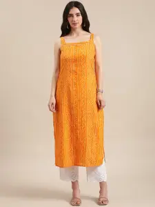 Varanga Women Mustard Yellow & Off-White Bandhani Printed Cotton Straight Kurta