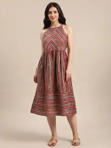 Varanga Rust Striped Fit & Flare Midi Dress