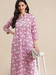 Varanga Women Purple & White Floral Printed Gotta Patti Kurta