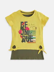 Pantaloons Junior Girls Mustard Yellow & Olive Printed Cotton T-shirt with Inner Layer
