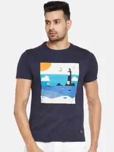 People Men Navy Blue Printed Slim Fit Cotton T-shirt