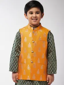 SOJANYA Boys Mustard Woven Design Jacquard Silk Nehru Jacket