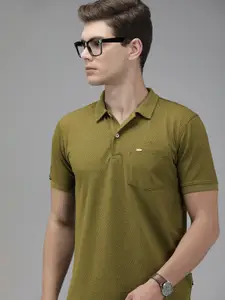 Van Heusen Men Olive Green Self Designed Polo Collar T-shirt