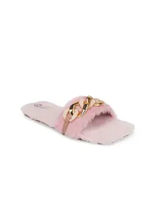 The Desi Dulhan Women Pink Embellished Open Toe Flats with Buckles
