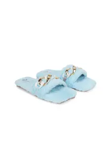 The Desi Dulhan Women Turquoise Blue Embellished Open Toe Flats