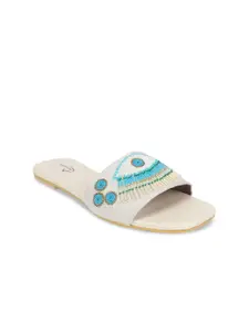 The Desi Dulhan Women White Printed Leather Ethnic Open Toe Flats