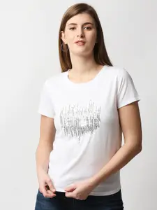 Pepe Jeans Women Off White Embellished T-shirt