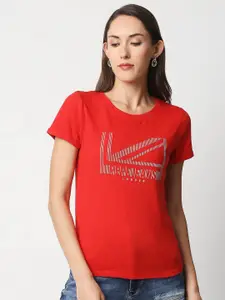 Pepe Jeans Women Red Printed Cotton T-shirt