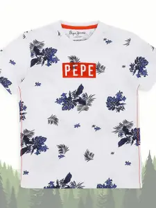 Pepe Jeans Boys White & Blue Floral Printed Cotton Tropical T-shirt