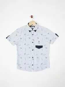 Crimsoune Club Boys Blue & White Printed Pure Cotton Casual Shirt