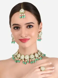 Zaveri Pearls Green & Pink Meenakari Kundan Choker Necklace Earring Maangtikka & Ring Set
