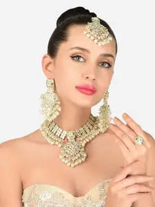 Zaveri Pearls Women Gold Plated Kundan & Pearls Ethnic Choker Necklace Earring Maangtikka & Ring Set Jewellery Set