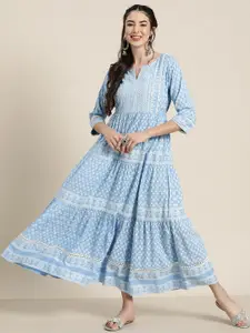 Juniper Women Blue Ethnic Motifs Printed Lace Inserts Maxi Tiered Dress