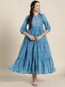 Juniper Women Blue Ethnic Motifs Printed Georgette Sequinned Tiered Dress