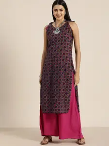 Sangria Women Teal Blue & Pink Bandhani Screen Print Pure Cotton Straight Kurta