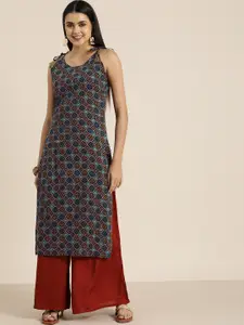 Sangria Women Teal Blue & Green Bandhani Screen Print Pure Cotton Straight Kurta