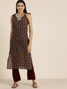 Sangria Women Teal Blue & Red Bandhani Screen Print Pure Cotton Straight Kurta