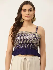 NDS Niharikaa Designer Studio Navy Blue & Golden Embroidered Padded A-Line Saree Blouse