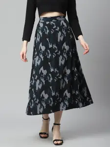 plusS Women Navy Blue & Grey Camouflage Print Straight Hem A-line Midi Skirt