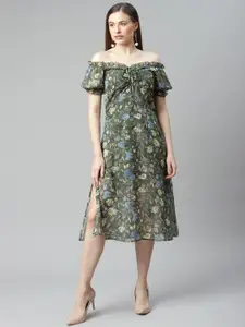 plusS Green & Grey Floral Print Off-Shoulder A-Line Dress