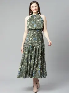 plusS Green & Blue Floral A-Line Midi Tiered Dress