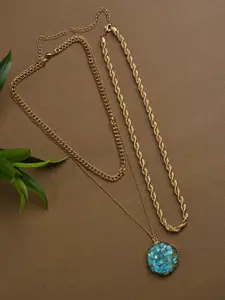 SOHI Gold-Plated & Green Stones Pendant With 3 Chain