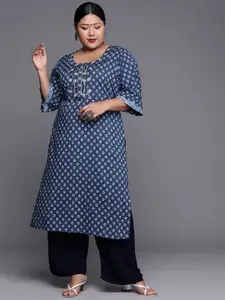 EXTRA LOVE BY LIBAS Plus Size Women Navy Blue & White Pure Cotton Floral Printed Kurta