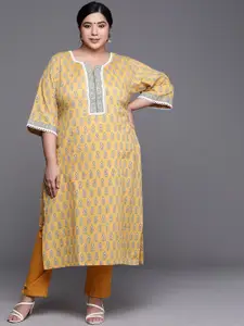 EXTRA LOVE BY LIBAS Plus Size Women Yellow & Blue Pure Cotton Floral Printed Floral Kurta