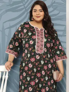 EXTRA LOVE BY LIBAS Women Green & Pink Floral Printed Flared Sleeves Floral Kurta
