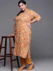 EXTRA LOVE BY LIBAS Plus Size Women Mustard Yellow & Pink Pure Cotton Floral Kurta
