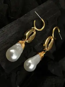 SOHI Gold-Toned & White Contemporary Pearl Beaded Drop Earrings