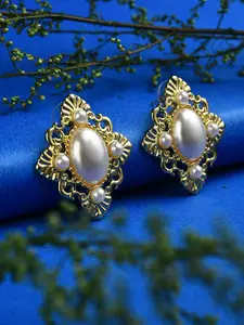 SOHI Gold-Toned Pearls Gold-Plated Contemporary Studs Earrings