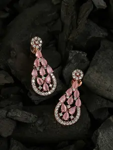 SOHI Pink & White AD-Studded Gold-Plated Contemporary Drop Earrings