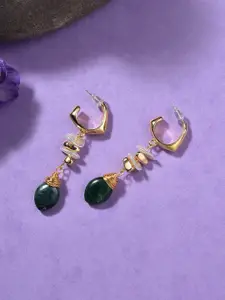 SOHI Gold-Plated Green & White Pearl Beaded Contemporary Drop Earrings