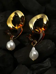 SOHI Brown Pearls Gold-Plated Contemporary Drop Earrings