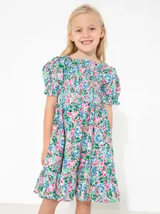 Cherry Crumble Girls Green & Blue Floral Printed A-Line Dress