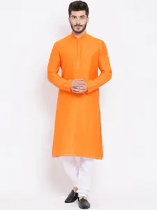 NAMASKAR Men Orange Cotton Linen Solid  A-line Kurta