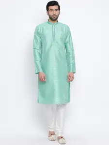NAMASKAR Men Green Silk Solid Straight Kurta
